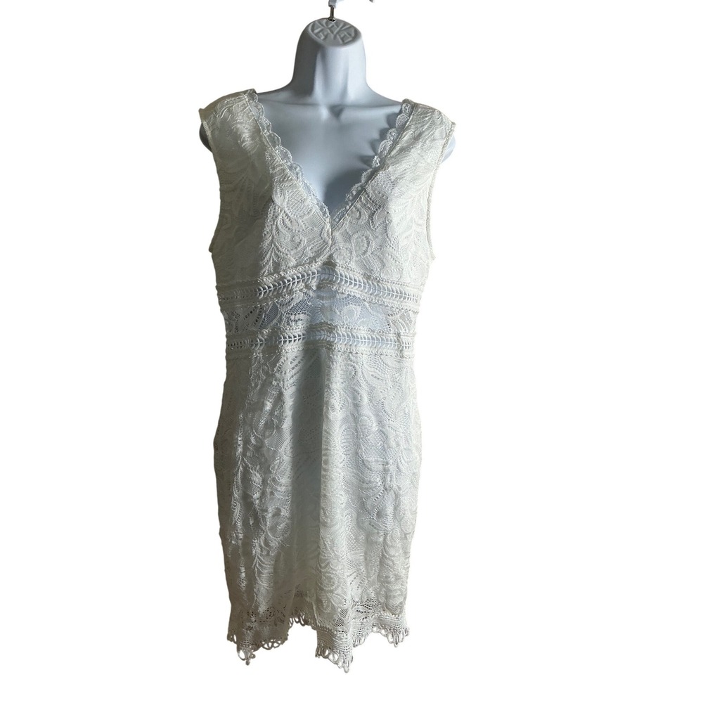 EillyBazar‎ White Floral Lace V-Neck Sleeveless Bodycon Dress Large